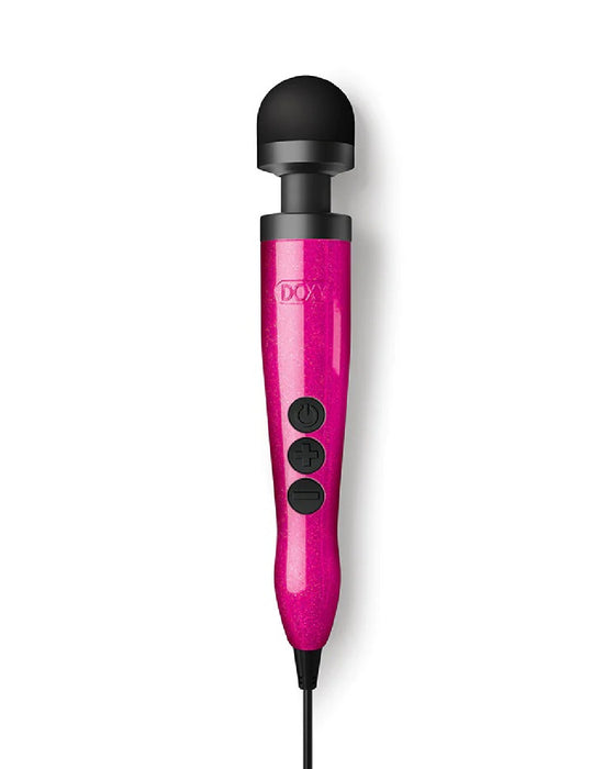 A vibrant pink Doxy Die Cast 3 Compact Wand Vibrator Hot Pink with button controls, isolated on a white background.