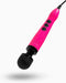 A pink Doxy Die Cast 3 Compact Wand Vibrator Hot Pink handheld massager with a flexible black head and control buttons, set against a white background, designed for customizable sensory experiences.