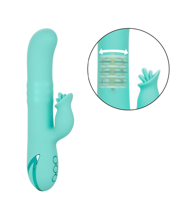 California Dreaming Bel Air Bombshell Dual Stimulation Vibrator with inset graphic showing movement 