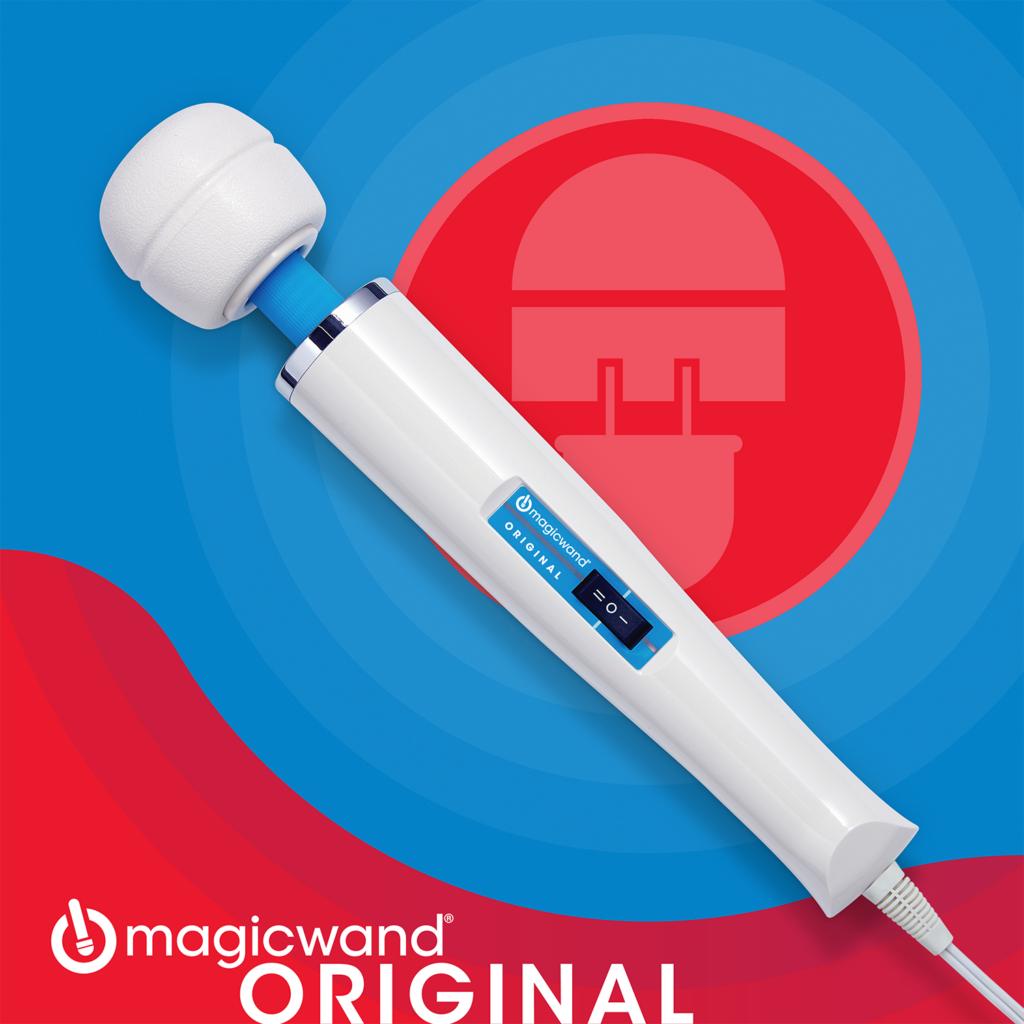 A white and blue Magic Wand Original massager is displayed diagonally on a red and blue background with the Magic Wand logo and the text "magicwand ORIGINAL" at the bottom.