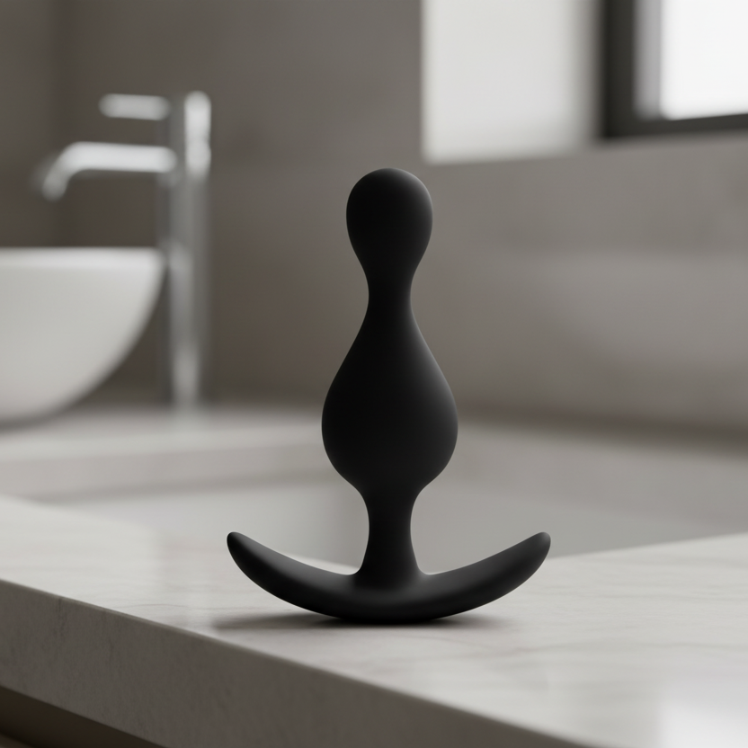 A matte black silicone butt plug with a curved base sits upright on a marble bathroom countertop, with a blurred sink and faucet in the background.
