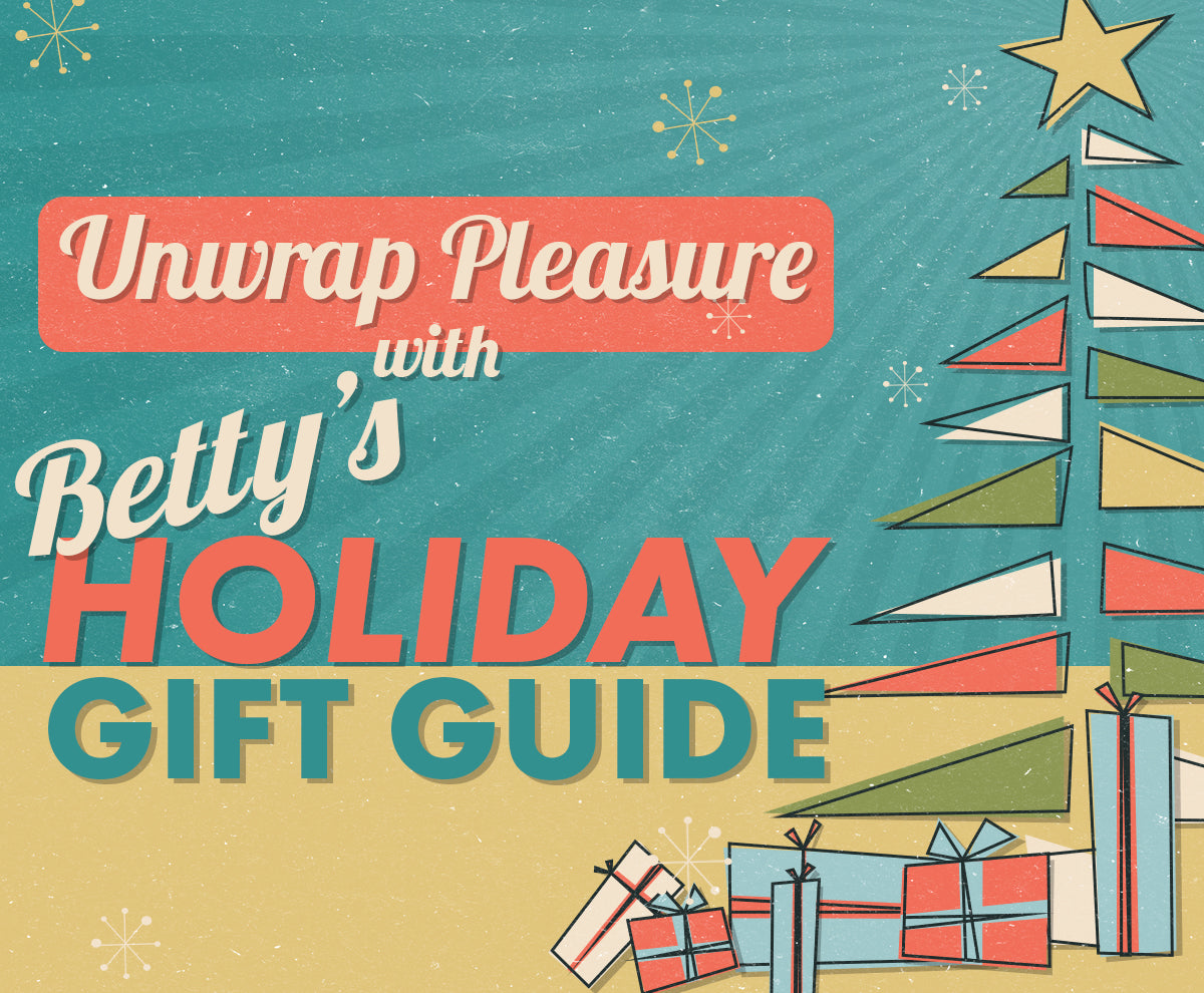 Retro-style illustration featuring a decorated tree and gifts. Text reads: "Betty's Naughty Gift Guide 2024 - For Adults Only!.