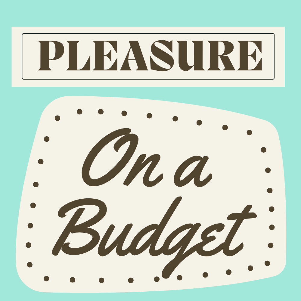 Retro-style illustration with bold, colorful text reading "Pleasure on a Budget," accented by stars and a cocktail glass with an olive, set against a vintage textured background.