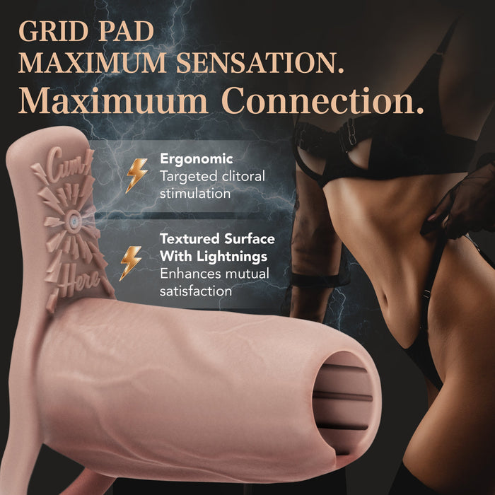 A promo image for Girthy Pleasure Sleeves – Open-Ended Silicone Penis Sleeve with Grind Pad (Size M) shows a pink device with textured surface and ergonomic grid pad, highlighting clitoral stimulation and mutual satisfaction.