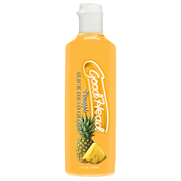 A yellow bottle labeled "Goodhead Pineapple Blowjob Set," featuring pineapple images; this 1 fl oz (29 ml) pineapple-flavored lube is ideal for use with your favorite lifelike masturbation sleeve.