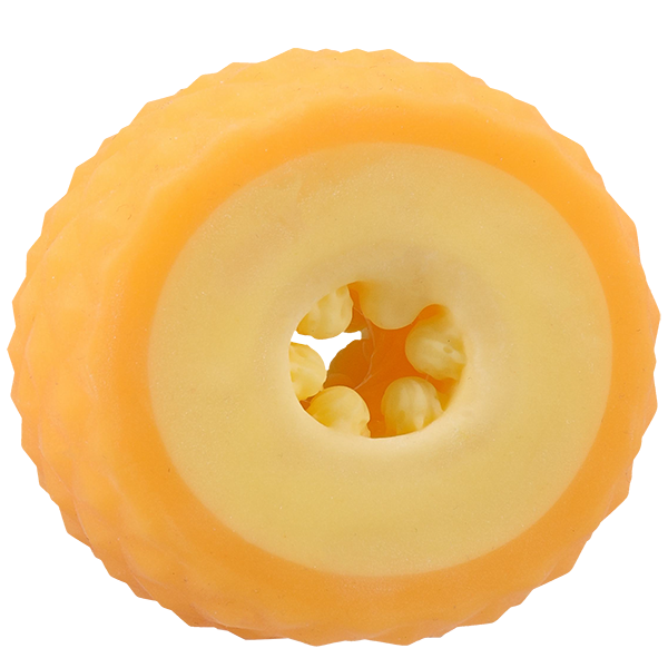 A close-up of the Goodhead Pineapple Blowjob Set shows its round, textured, orange stroker with a hollow center and small nubs lining the opening.