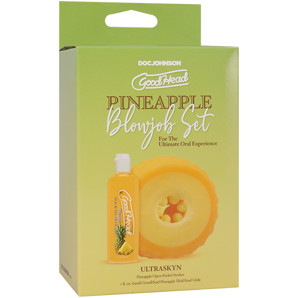 A green and yellow box labeled "Goodhead Pineapple Blowjob Set" contains pineapple-flavored lube and a lifelike masturbation sleeve, designed to enhance oral experiences. The packaging features pineapple graphics and product descriptions.