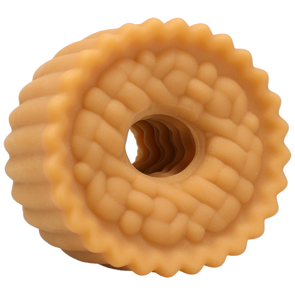 The Goodhead Apple Pie Blowjob Set with Stroker & Lube features a round, textured stroker with a ridged surface and inner texture for extra pleasure, plus lube for added satisfaction.