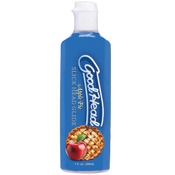 A blue bottle from the Goodhead Apple Pie Blowjob Set with Stroker & Lube features apple and pie images on the front and a white flip-top cap—perfect as a GoodHead lubricant to use with your ULTRASKYN stroker.