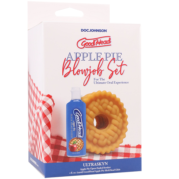 The Goodhead Apple Pie Blowjob Set with Stroker & Lube includes a bottle of lubricant, a ULTRASKYN textured stroker, and a donut-shaped toy. The box features a red gingham pattern along the bottom edge.