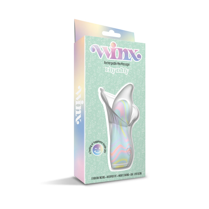 A pastel box displays the Lily Dilly Squishy Waterproof Silicone Vibrator, with a swirling iridescent design and text highlighting its clitoral stimulation and rechargeable features.