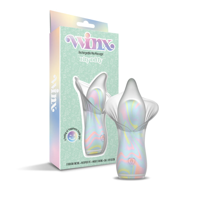 A pastel-colored, tulip-shaped Lily Dilly Squishy Waterproof Silicone Vibrator stands by its packaging, featuring a soft, multicolored design and a shiny, semi-transparent tip for gentle clitoral stimulation.