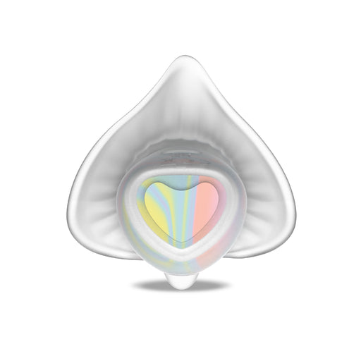 The Lily Dilly Squishy Waterproof Silicone Vibrator is white and heart-shaped, with a translucent shield and soft silicone tip. Its center displays a pastel swirl pattern in yellow, blue, green, and pink.