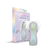 A pastel-colored mini massager with an abstract pattern stands before its matching box labeled "Fancy Flutter Squishy Waterproof Silicone Vibrator." The waterproof clitoral toy is shown with iridescent accents and product images on the packaging.