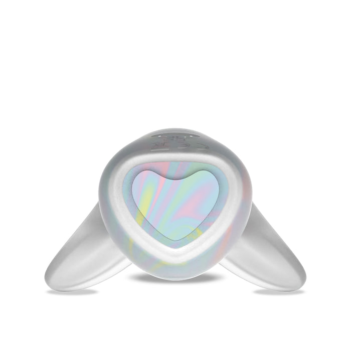 The Fancy Flutter Squishy Waterproof Silicone Vibrator is shown upright with its sleek band visible on each side, featuring a pastel iridescent swirl heart-shaped face. It’s crafted from soft, squishy silicone for comfort and style against a clean white background.
