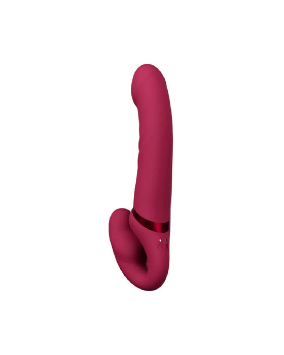 A magenta-colored Lovense Lapis App Controlled Strapless Strap-On Dildo with a curved design and a smooth surface, featuring visible control buttons at the base.