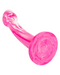 A vibrant pink smear of CalExotics' Twisted Love Bulb Tip 6 Inch Beginner Silicone Dildo with a glossy finish and swirling texture, isolated on a white background.