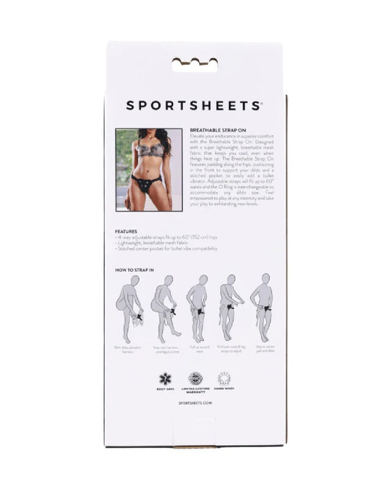 Packaging for a Sportsheets Breathable High Waisted Adjustable Strap-On Harness featuring product image, detailed usage instructions, adjustable straps, and key features highlight.