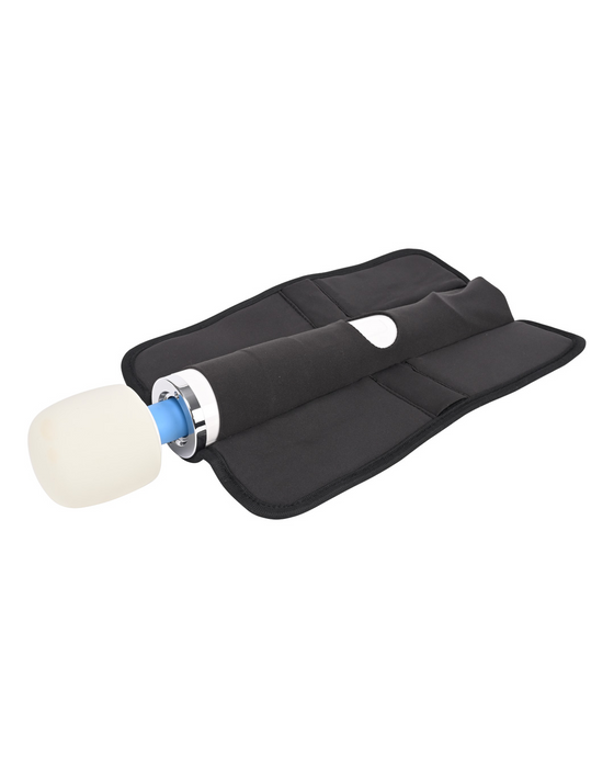 A black adjustable elbow brace with a white silicone pad attached to it, isolated on a white background, featuring pivot positioning for hands-free use from Sportsheets.