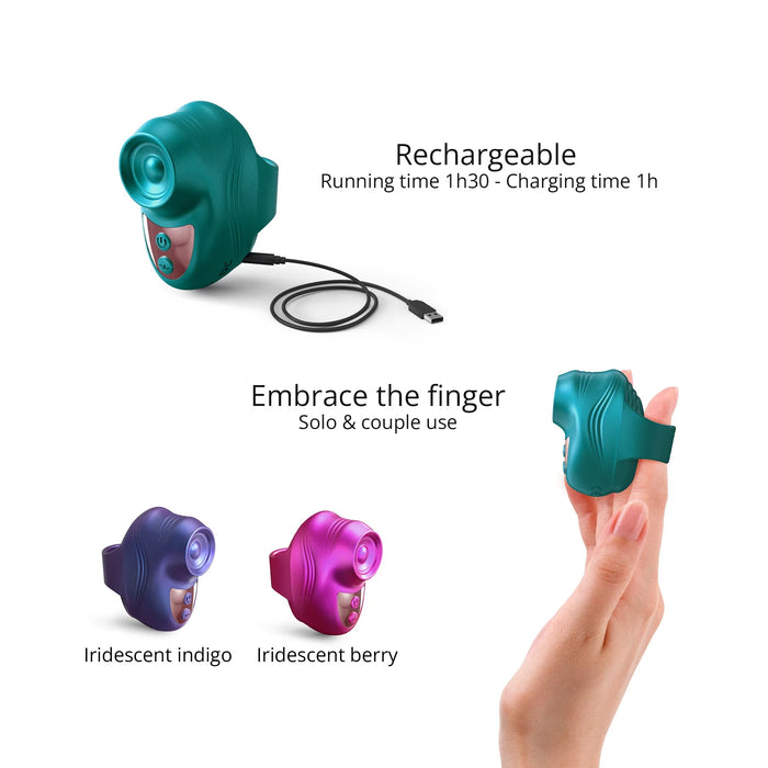 The Kisscool Powerful Mini Clit Taper with Finger Ring, shown in teal, indigo, and berry on a charging cable and finger, features a 1.5-hour run time, solo or couple use, and an intense tapping massager for clitoral pleasure.