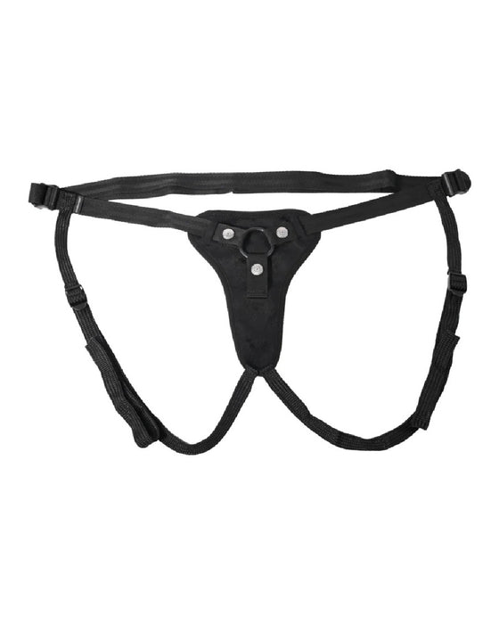 Adjustable Sportsheets black harness with a central attachment point, isolated on a white background.