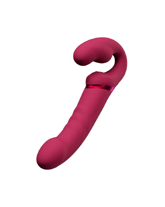 A 3D rendering of a Lovense Lapis App Controlled Strapless Strap-On Dildo from Lovense, a pink, curved object with a handle, designed to resemble an abstract or stylized remote-controlled sex toy. The background is plain white.