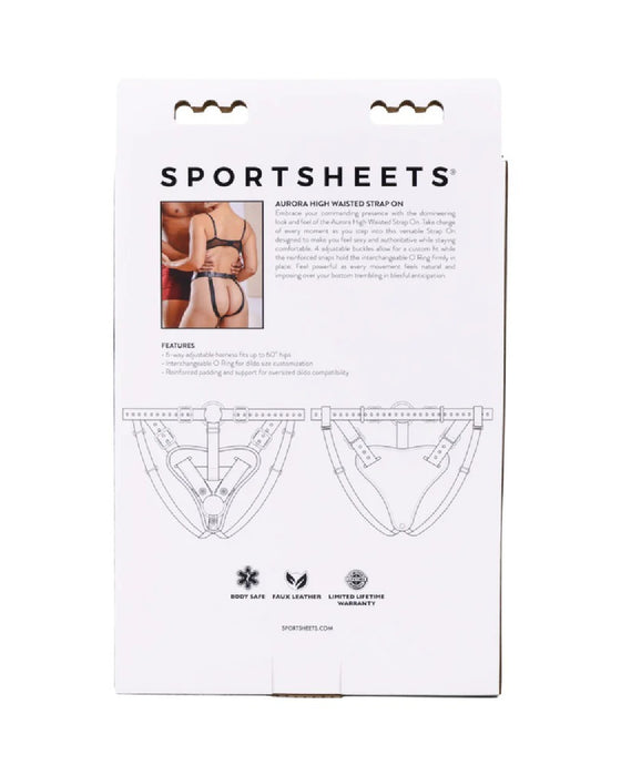 The image shows packaging for a product called "Sportsheets Aurora High Waisted Adjustable Strap on Harness," which includes a photo of a model wearing the strap-on harness. Below the photo are detailed illustrations and descriptions of the product's features, emphasizing the adjustable straps and high-waisted design. The product is targeted towards adults interested in sexual wellness and exploration. The packaging also provides the brand's website for more information.
