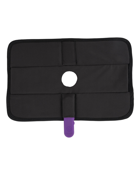 A black Sportsheets gel ice pack, designed for the Pivot 3 in 1 Play Pad Toy Mount, with a hole in the center and a purple adjustable strap.