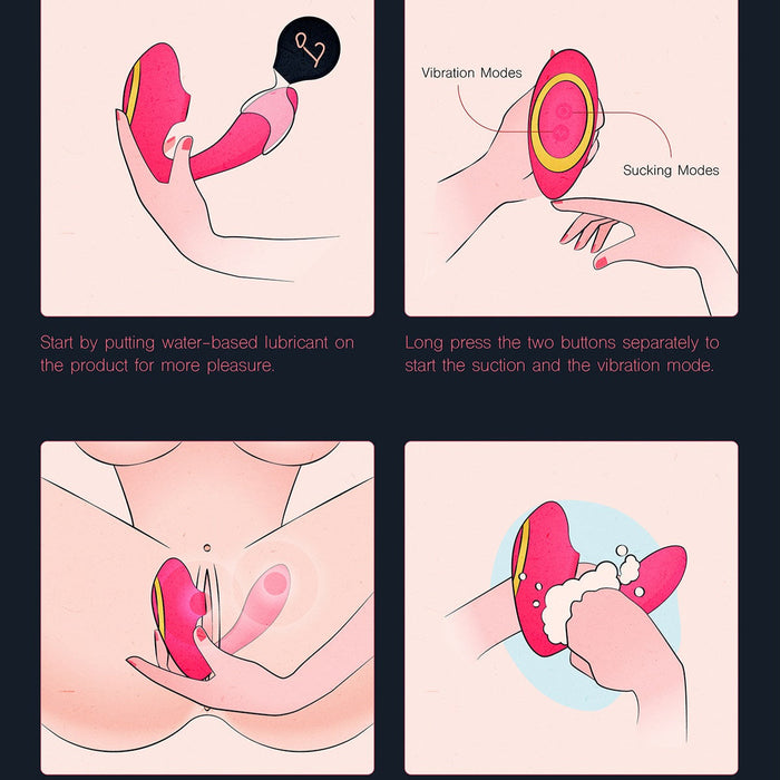 An illustrated guide shows how to use the Tracy's Dog OG Clitoral Sucking G-Spot Vibrator: add lubricant, select suction and vibration modes for dual stimulation, enjoy use, then clean the device thoroughly with soap and water.