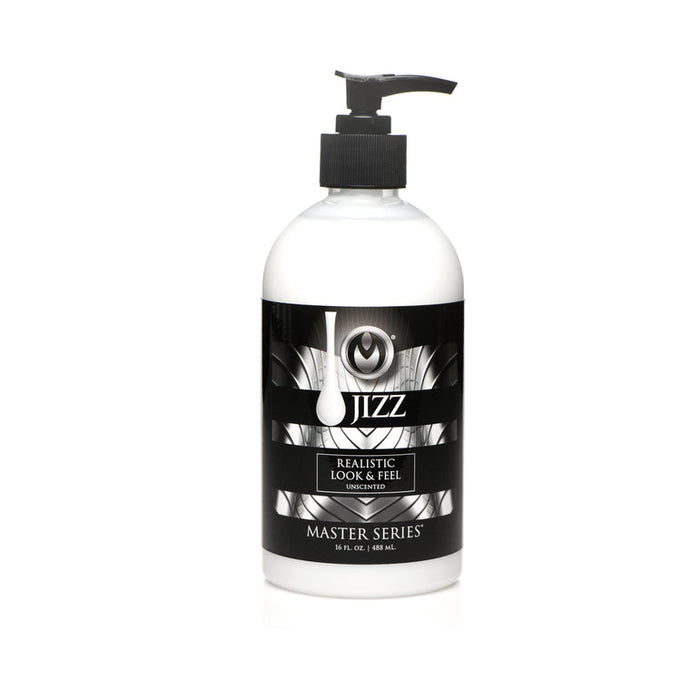 A 16 fl. oz. bottle of Jizz Ultra Realistic Unscented Cum Lube, a creamy lubricant with a black and white label, pump dispenser, and text stating "REALISTIC LOOK & FEEL" and "UNSCENTED.