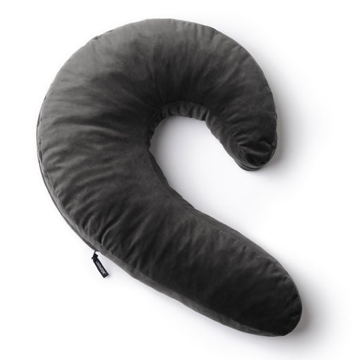 The Liberator Lune Snuggle Pillow with Vibrator Pocket is a large, dark grey C-shaped pillow with a soft cover, designed for ergonomic side-sleeping support. It is shown on a white background.