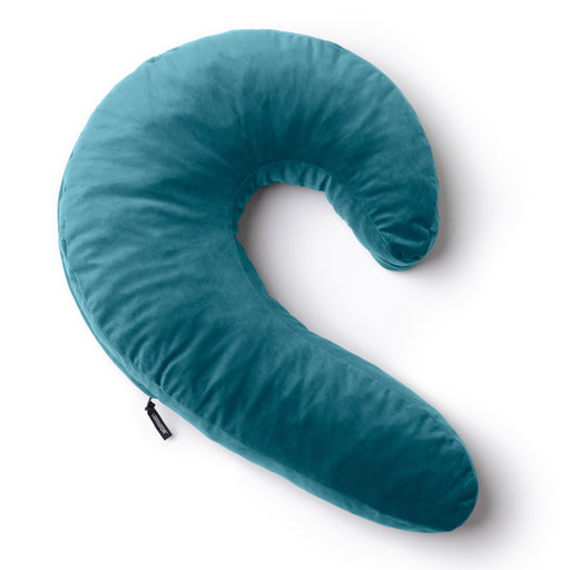 The Liberator Lune Snuggle Pillow with Vibrator Pocket is a teal, crescent-shaped side sleeper pillow with a soft, plush texture, shown on a white background.