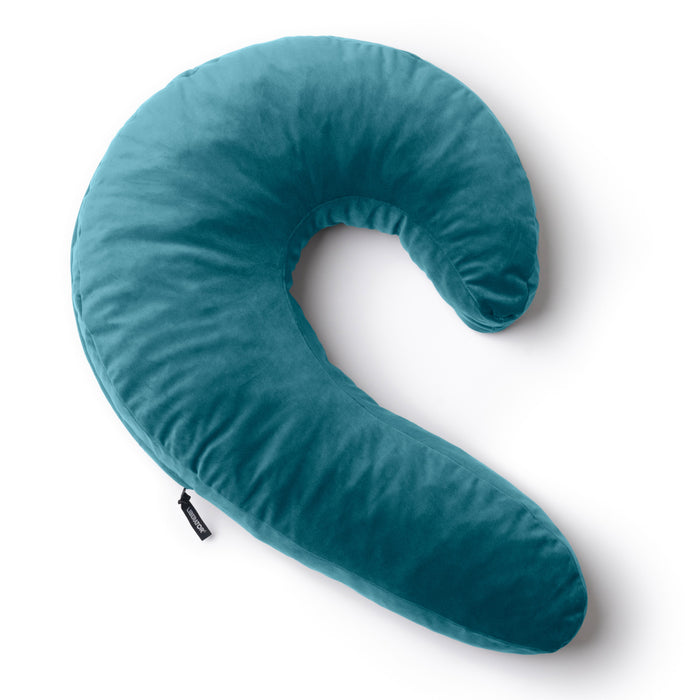 The Liberator Lune Snuggle Pillow with Vibrator Pocket is a teal, crescent-shaped side sleeper pillow with a soft, plush texture, shown on a white background.