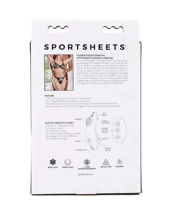 A product packaging for "Sportsheets Hidden Pocket Strap On With Remote Control Vibrator" featuring an image of a person wearing the strap-on with an adjustable harness, and product information and diagrams on the right side.