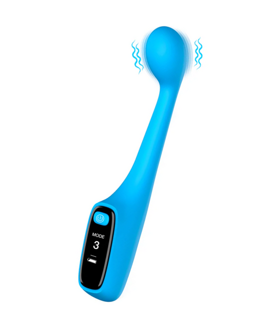 A Bang! First Time G-Spot Vibrator with Digital Display - Blue by XR Brands with a sleek, curved design and an LED display on the handle showing "MODE 3." The head is rounded, and the device appears to be vibrating, as indicated by wavy lines around the head. This USB rechargeable clitoral vibe combines elegance with functionality for your comfort.