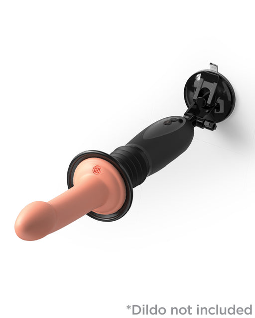A black device with a suction cup mount is attached to a smooth, peach-colored rod resembling a dildo, although the text in the image mentions "*Dildo not included." The Pipedream Products Body Dock Thruster Powerful Thrusting Suction Cup Sex Toy Mount appears to be designed to hold and operate dildos hands-free.