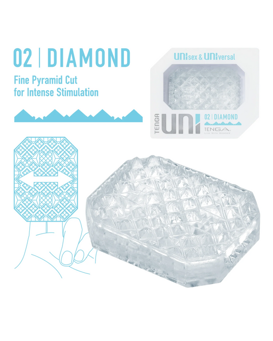 An image featuring a discreet masturbator package design for the "Tenga Uni Diamond Textured Finger Sleeve" product, showcasing a fine pyramid cut design for stimulation. Includes a transparent crystalline illustration of the product.