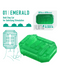 Promotional graphic for a Tenga Uni Emerald Textured Finger Sleeve for Stroking and Clit Massage featuring a green, bold step-textured stroker design. Includes an illustration, 3D sketch, and the actual green product image.