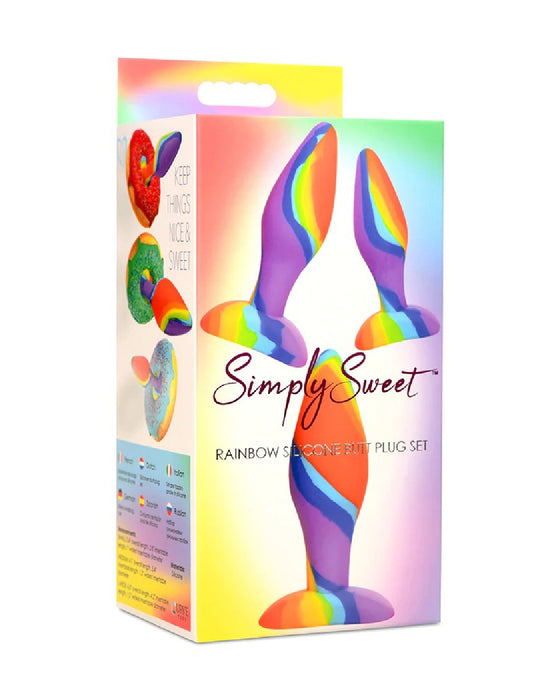 Colorful rainbow premium grade silicone Simply Sweet Rainbow Silicone Butt Plug Set in packaging with Curve Toys branding.