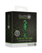 Product packaging for the "Shots glow-in-the-dark glass anal plug - large," featuring a hexagonal black and green design and a visible award badge stating "best novelty brand of the year.