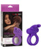 A packaged adult silicone rechargeable CalExotics Dual Rockin Purple Rabbit Vibrating Couples Cock Ring with vibrating bunny ears, multiple functions, waterproof features, and USB recharging capability, presented in a box with an image of a woman on it.