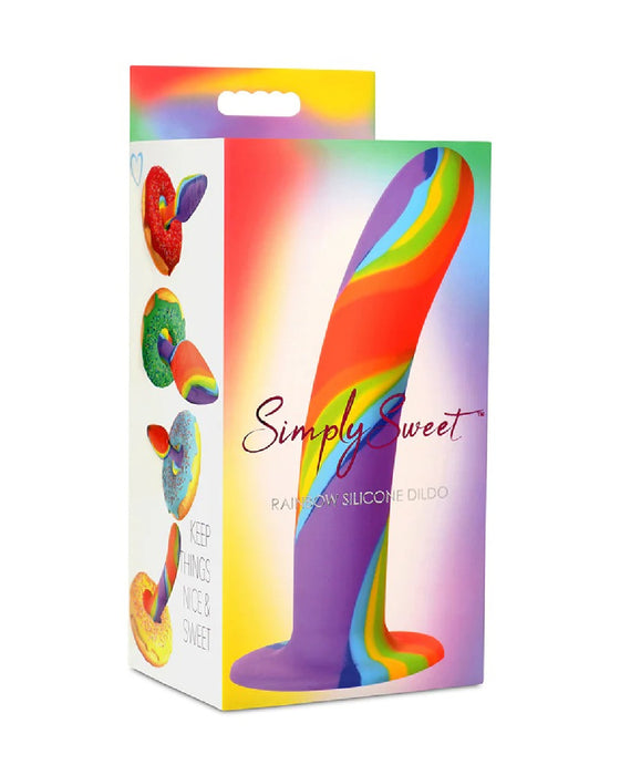 Product packaging for a rainbow-colored silicone dildo.