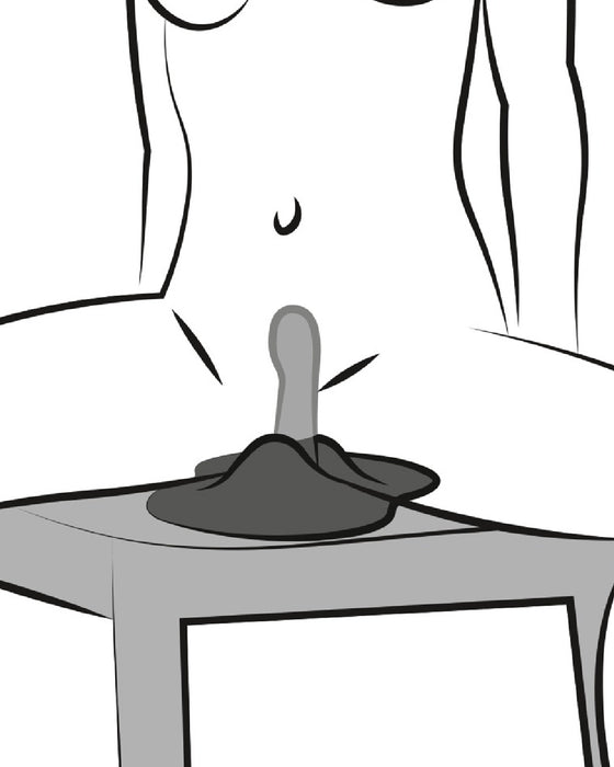 An illustration of a person sitting at a table with their finger pressed down on the Orion VibePad 3 Ride On Hands-Free Humping Vibrator with G-Spot Probe, with a contemplative or focused expression suggested by a single drawn line above their finger.