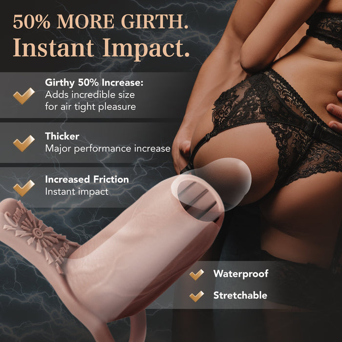 A sensual promotional image shows a couple in lingerie with a close-up of the Girthy Pleasure Sleeves - Open-Ended Silicone Penis Sleeve with Grind Pad (Size M). Text highlights “50% more girth,” “thicker,” “increased friction,” and “stretchable.”.