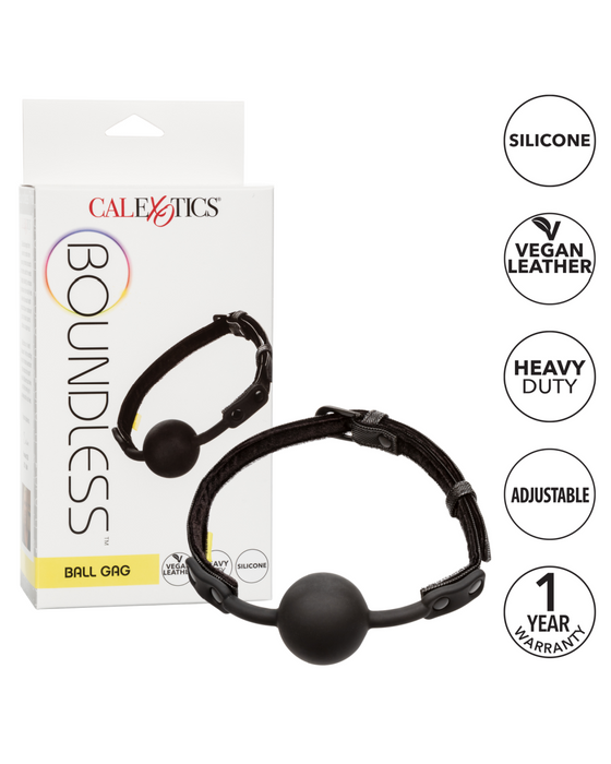 Boundless Adjustable Black Silicone Ball Gag by CalExotics in packaging featuring body-safe silicone, vegan leather straps, heavy duty, adjustable straps, and a 1-year warranty.