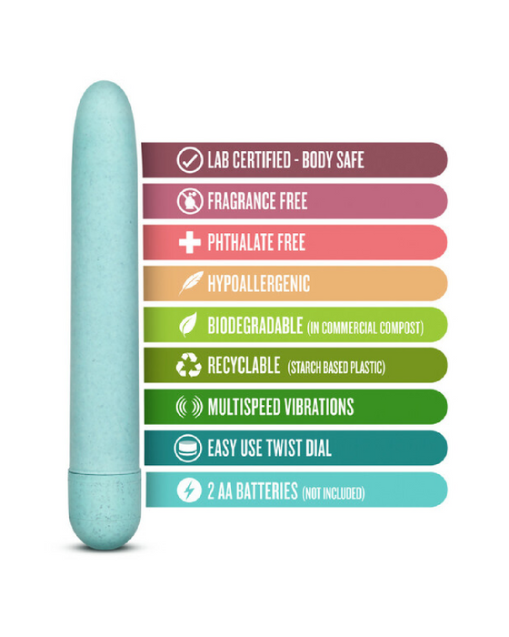 An illustration of the Blush Gaia Biodegradable, Recyclable Eco Vibrator - Blue with features highlighted: lab certified, body safe, fragrance free, phthalate free, biodegradable vibrator, recyclable, made from Biofeel plastic.
