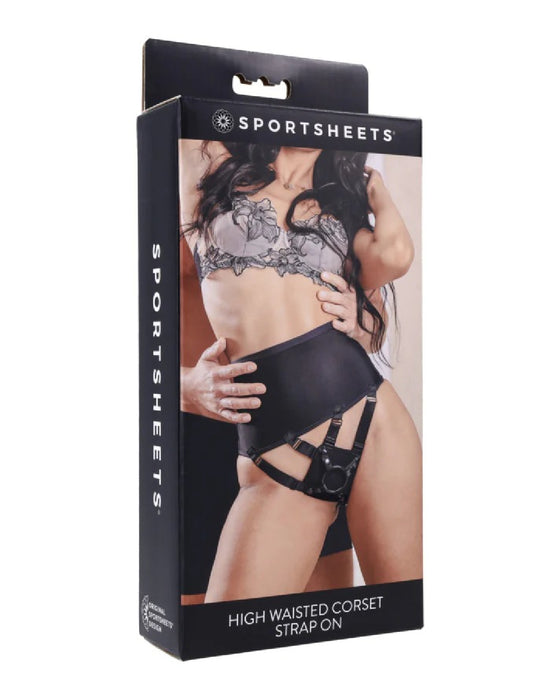 Product packaging featuring a Sportsheets Corset High Waisted Adjustable Strap On Harness with adjustable straps.