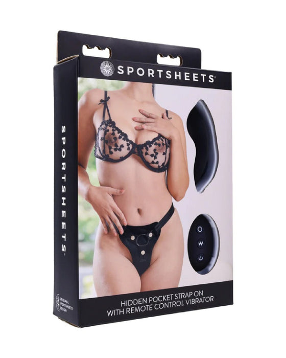 Packaging for a lingerie set featuring an adjustable harness with the Sportsheets Hidden Pocket Strap On With Remote Control Vibrator.