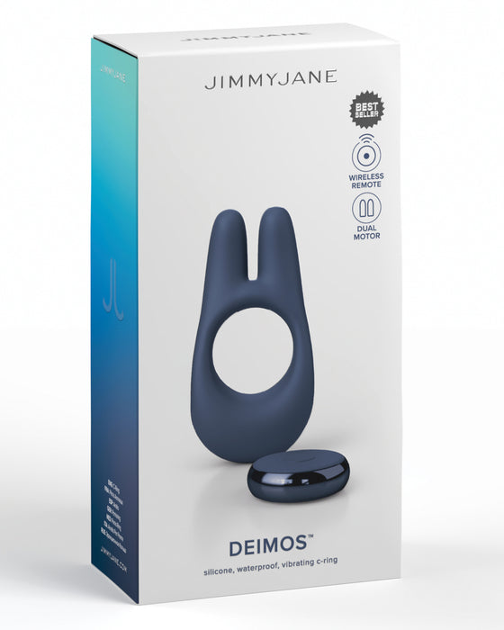 A product box for a "Pipedream Products Jimmyjane Deimos Dual Motor Vibrating Cock Ring for Couples" USB-rechargeable, silicone, waterproof c-ring featuring a dual motor and wireless remote, displayed prominently on a white background