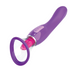 A purple and pink handheld personal massager with a curved handle, control buttons, and a transparent suction cup at one end.